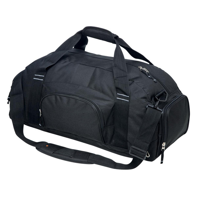 A black duffle bag with multiple compartments, carrying handles, and a shoulder strap. It has a logo.