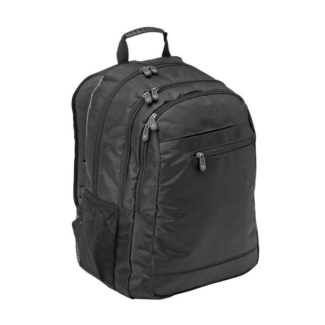 A black laptop backpack with multiple zippered compartments and mesh side pockets. It has a padded back and adjustable straps.