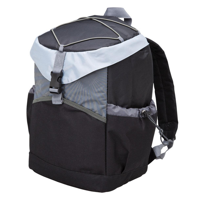 A black and grey backpack cooler with adjustable straps and a light blue flap, featuring a logo on the side.