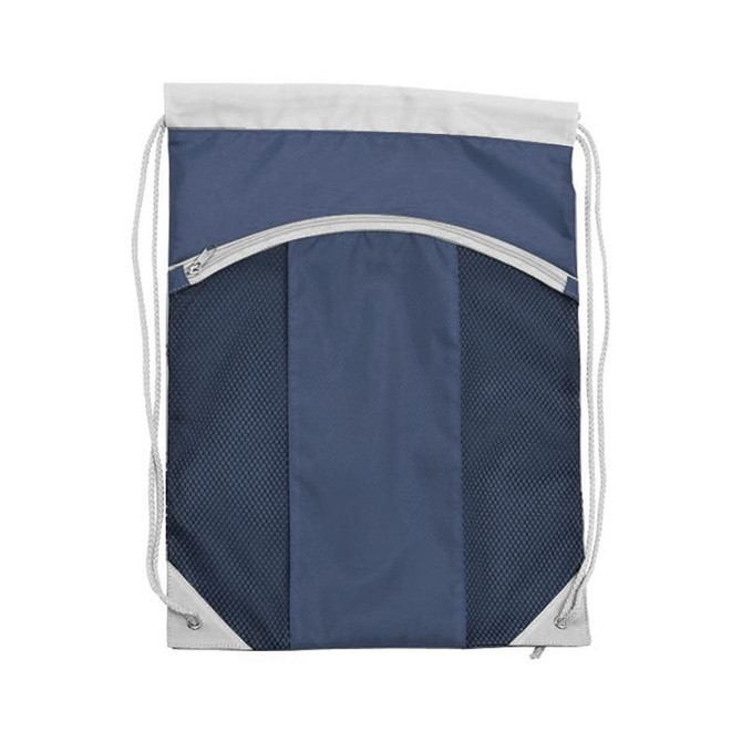 A drawstring bag in navy blue with a mesh pocket and a white top drawcord. Features a logo on the front.