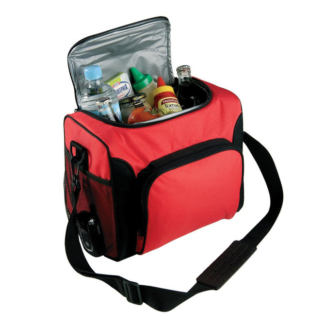 A red cooler bag with a black trim, holding various drinks and condiments inside. It features a shoulder strap and a logo.