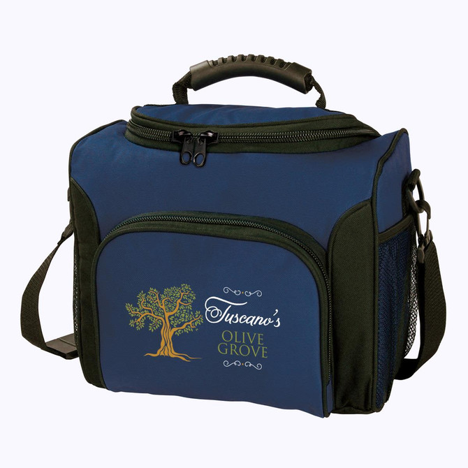 A blue and black cooler bag with a zippered top, featuring a logo on the front and a side mesh pocket.