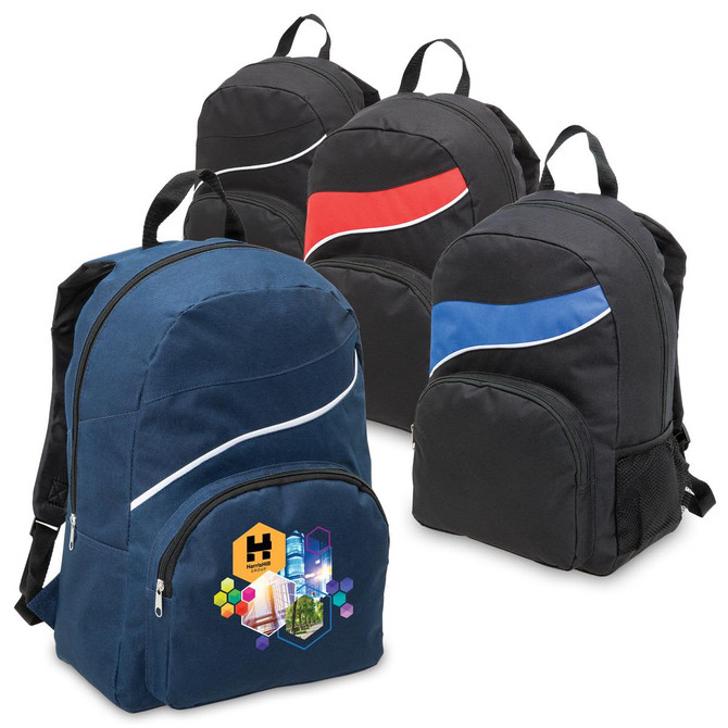 A collection of Twist Backpacks in navy, black with red, black with blue, and black, each featuring a logo.