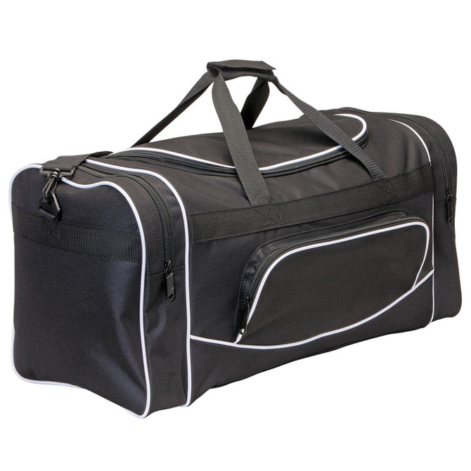 A black duffle bag with white piping, featuring a zippered pocket and dual handles. It also has a logo.