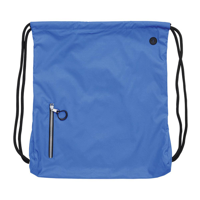 A blue drawstring bag featuring a zippered pocket and black straps, complete with a logo.