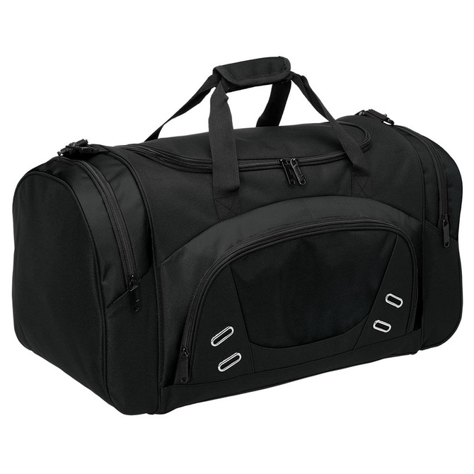 A black duffle bag with multiple zippered compartments and a logo. Features sturdy handles for carrying.