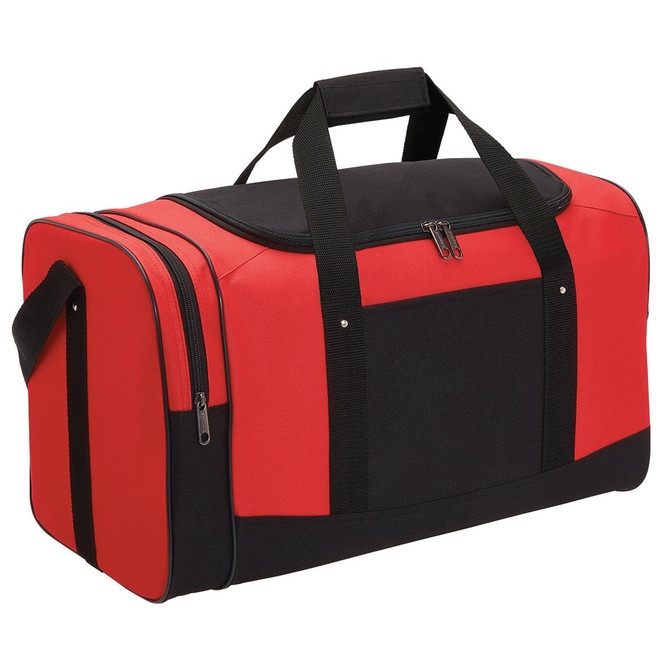 A red and black duffle bag with handles and a zippered compartment, featuring a logo on the front.