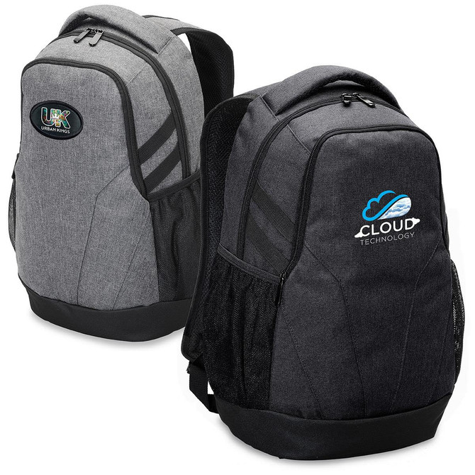 A grey laptop backpack with black accents, featuring two different logos on each side and mesh side pockets.