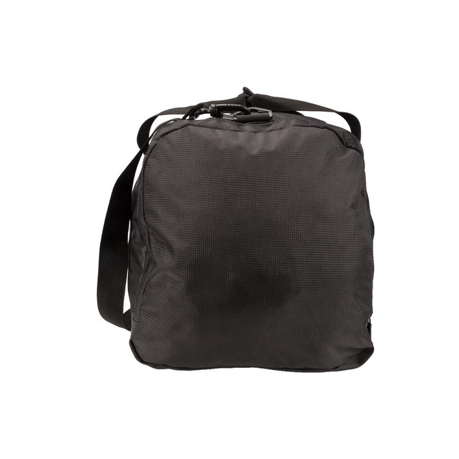A black duffle bag with a textured surface and an adjustable shoulder strap. The bag has a logo.