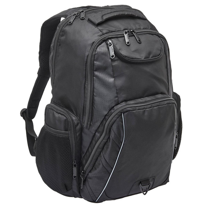A black laptop backpack featuring multiple compartments and pockets, designed for carrying laptops and accessories.