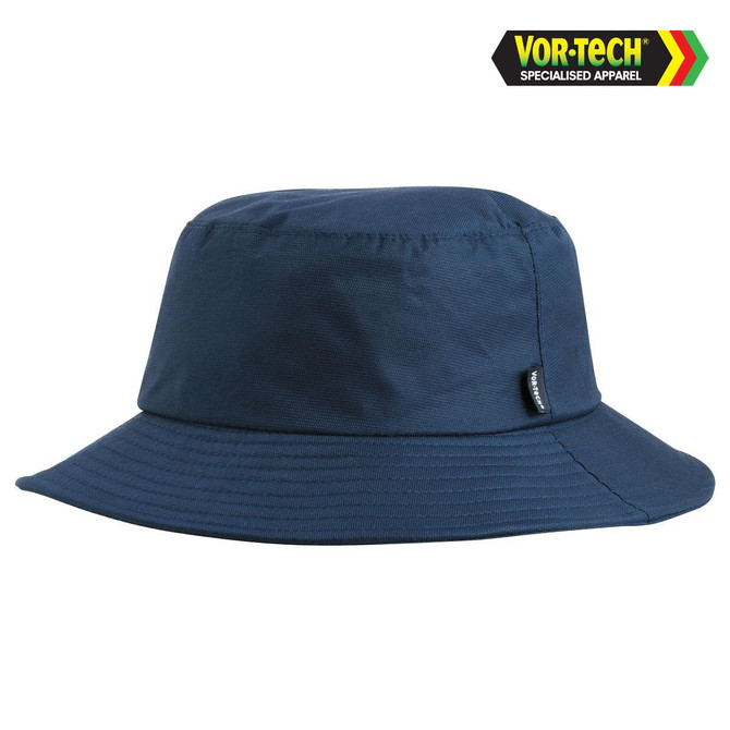 A navy bucket hat with a wide brim, featuring a logo on the side. Ideal for headwear collection.
