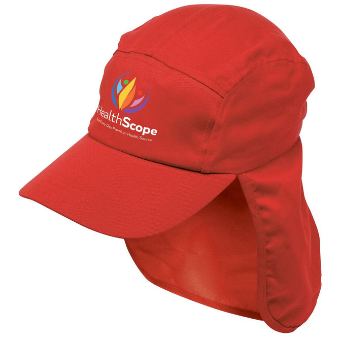 A red Legionnaire hat featuring a logo. It includes a wide brim and a flap for neck protection.