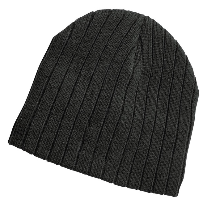 A dark green cable knit beanie with a ribbed texture and a logo on the side.