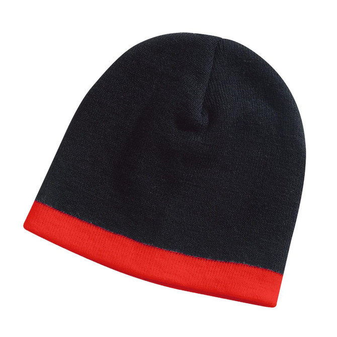 A black beanie with a red cuff, featuring a logo on one side.