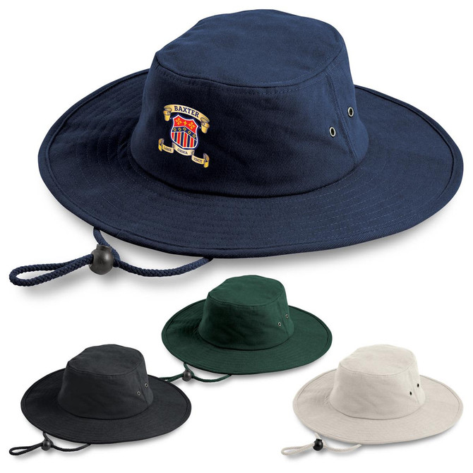 A navy blue brimmed bucket hat with a logo, accompanied by green and beige versions, featuring adjustable cords.