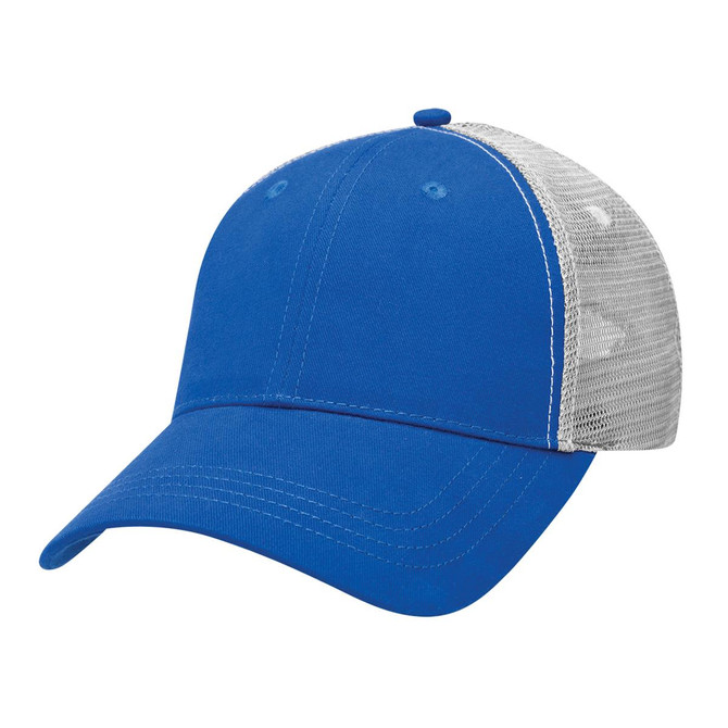A blue trucker cap with a grey mesh back and a curved brim, featuring a logo.