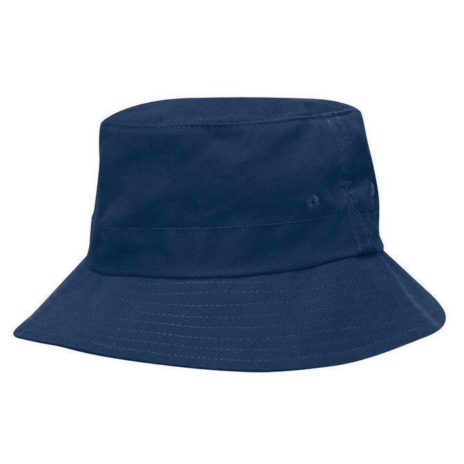 A navy blue twill bucket hat with a toggle, featuring a wide brim and two side buttons.