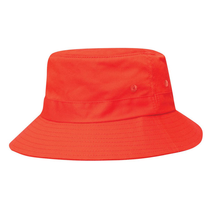 An orange twill bucket hat featuring a wide brim and a toggle adjustment. It includes a logo on the side.