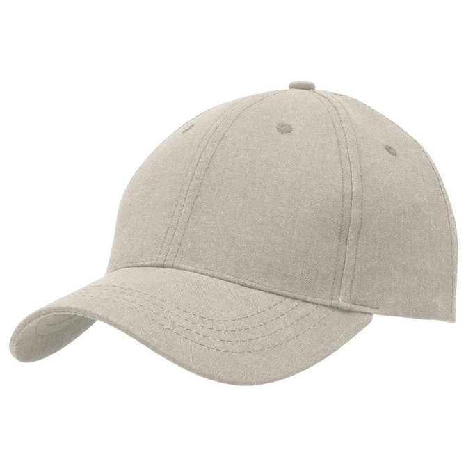 A beige cap with a structured design and a curved peak, featuring branding on the side.