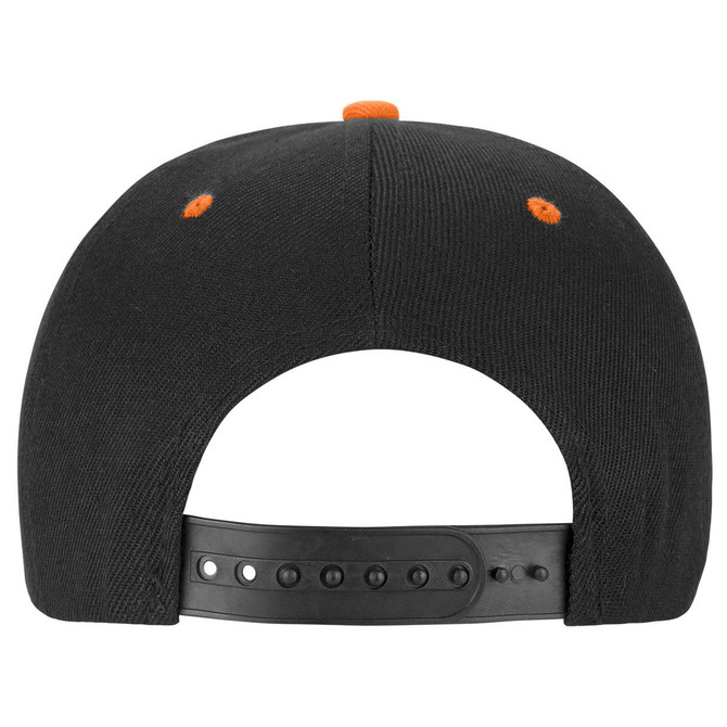 A black snapback cap featuring orange detailing and an adjustable snap closure on the back.