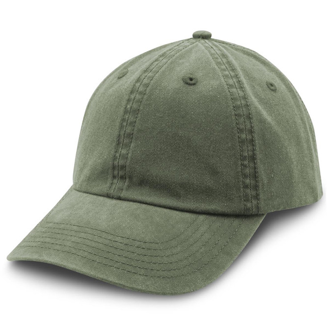 A olive green cap with a curved brim and six-panel construction, featuring a logo on the front.