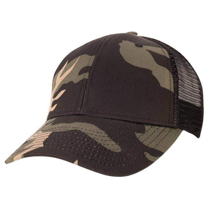 A trucker cap in black camo design with mesh backing and a curved brim. Features a logo on the front.