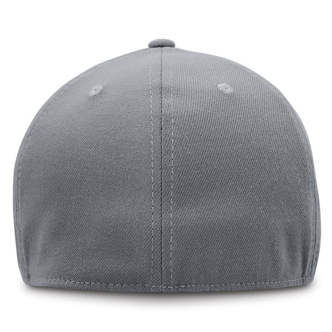 A grey cap featuring a structured design and a logo on the back.