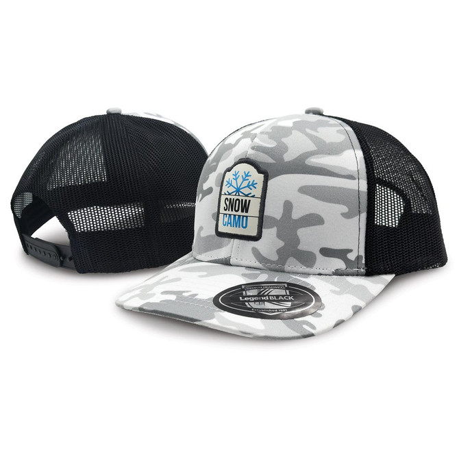 A grey and black trucker cap featuring a camouflage pattern and a branded patch on the front.