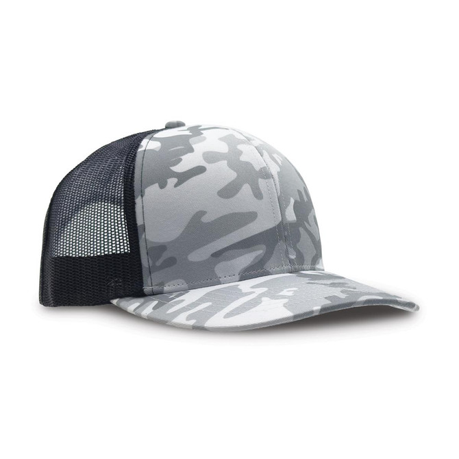 A grey camo trucker cap featuring a mesh back and a curved brim, with a branding logo on the front.