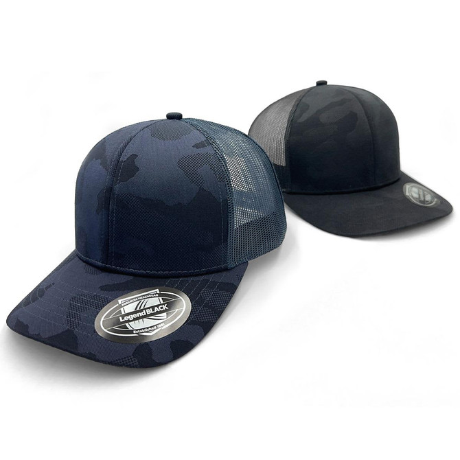 A dark navy and black trucker cap set, featuring a camo design and mesh backs, with branding on the front.
