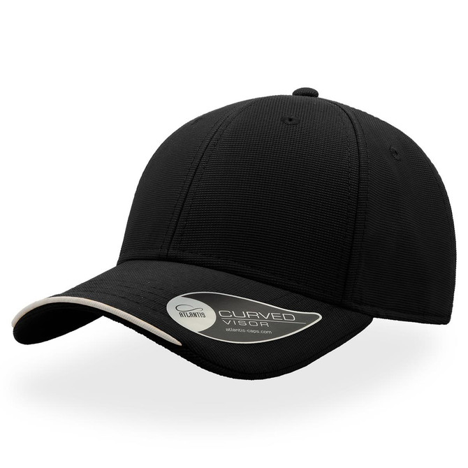 A black cap with a curved visor and a contrasting under-visor, featuring a logo on the side.