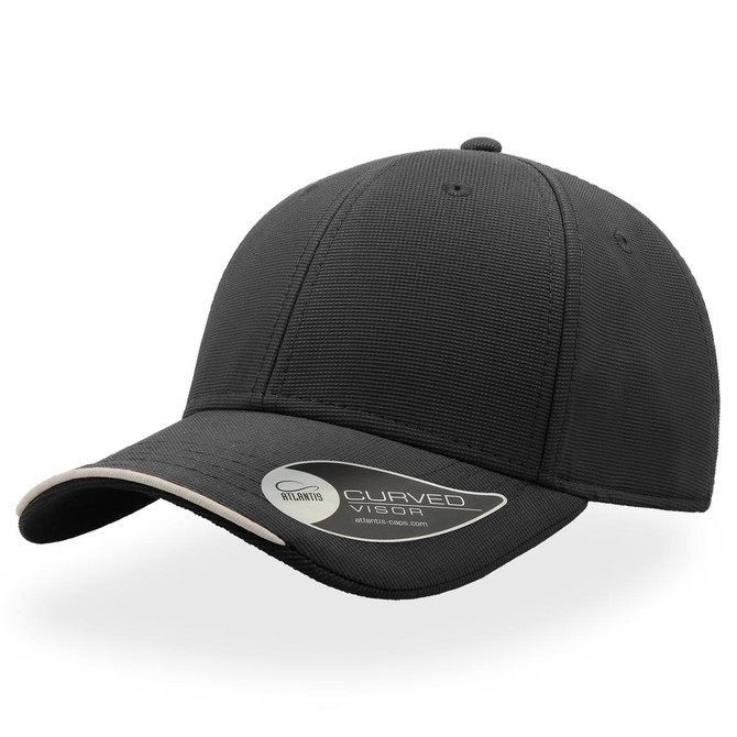 A black cap with a curved brim and a contrasting underside, featuring a logo on the side.