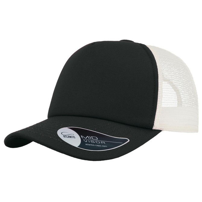 A black trucker cap with a mesh back, featuring a mid visor and logo on the side.