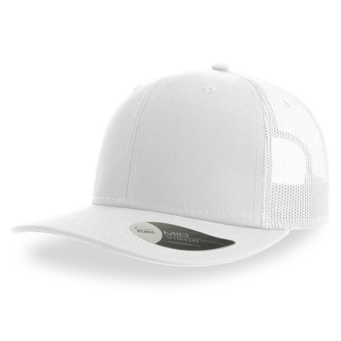 A white trucker cap featuring mesh panels and a curved brim. Includes a logo on the side.