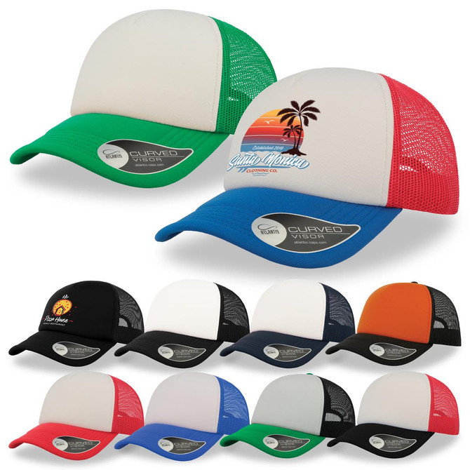 Trucker caps in various colours, featuring mesh back panels and a logo. Options include green, blue, black, and orange.