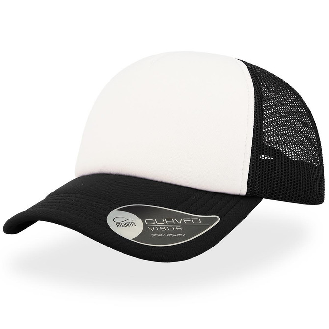 A trucker cap featuring a black mesh back and a white front panel, with a curved visor and a logo on the side.