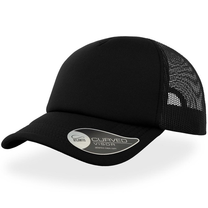 A black trucker cap featuring a curved visor and a mesh back, with a logo on the side.