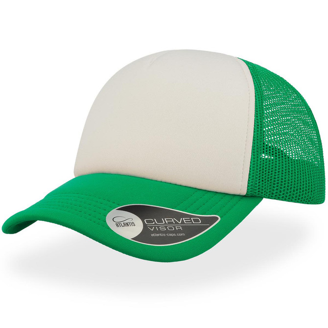 A trucker cap featuring a beige front panel and green mesh sides, with a curved visor and a logo on the side.