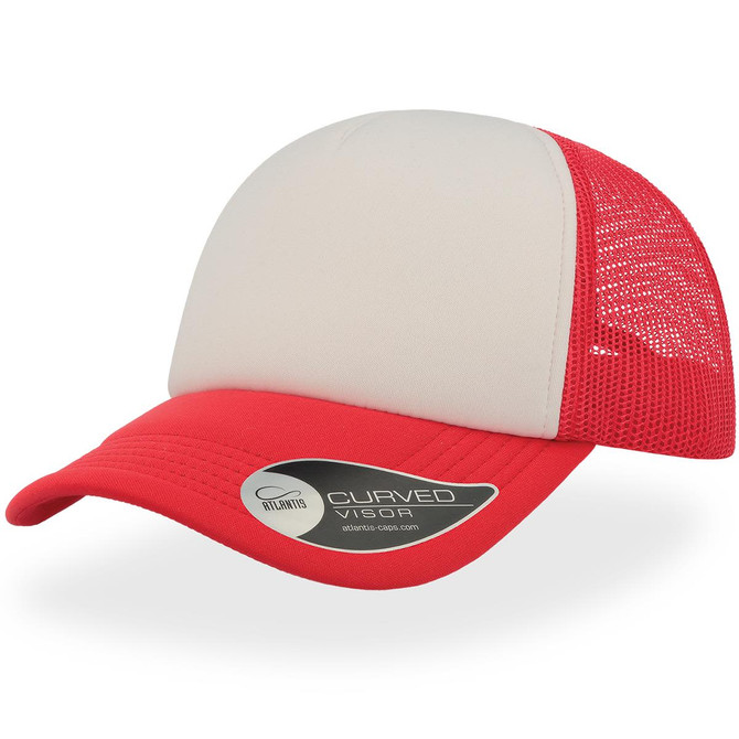 A red and grey trucker cap featuring a curved visor and a mesh back, with a logo on the side.