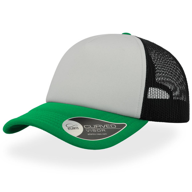A grey and green trucker cap featuring a curved visor and mesh back, with a logo present.