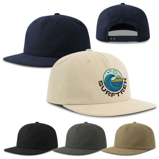 A flat peak cap in cream with a logo, available in navy, black, olive, and stone colours.