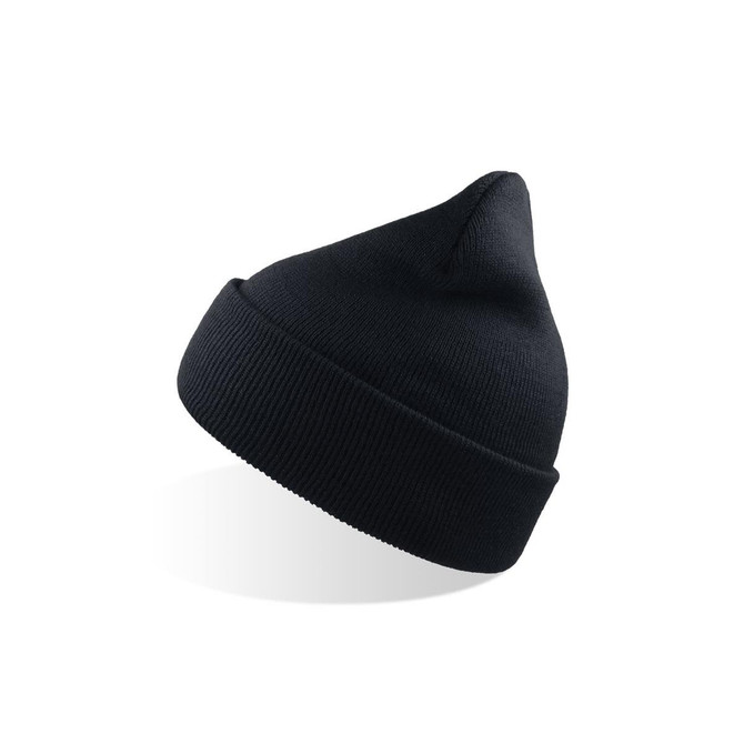 A black beanie made from recycled polyester with a fold-over cuff and a pointed top. It features a logo.