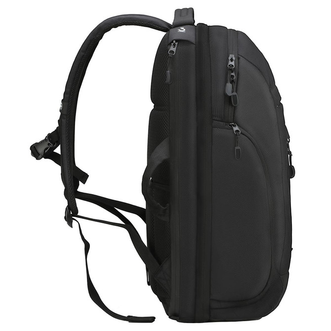 A black Swissdigital Stealth Java Backpack with multiple compartments and adjustable straps, featuring a logo.
