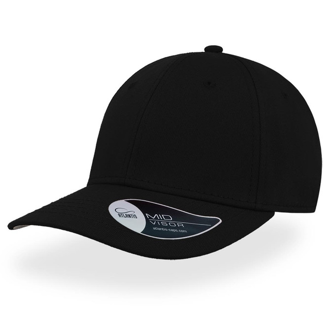 A black cap with a mid visor and a logo tag attached.