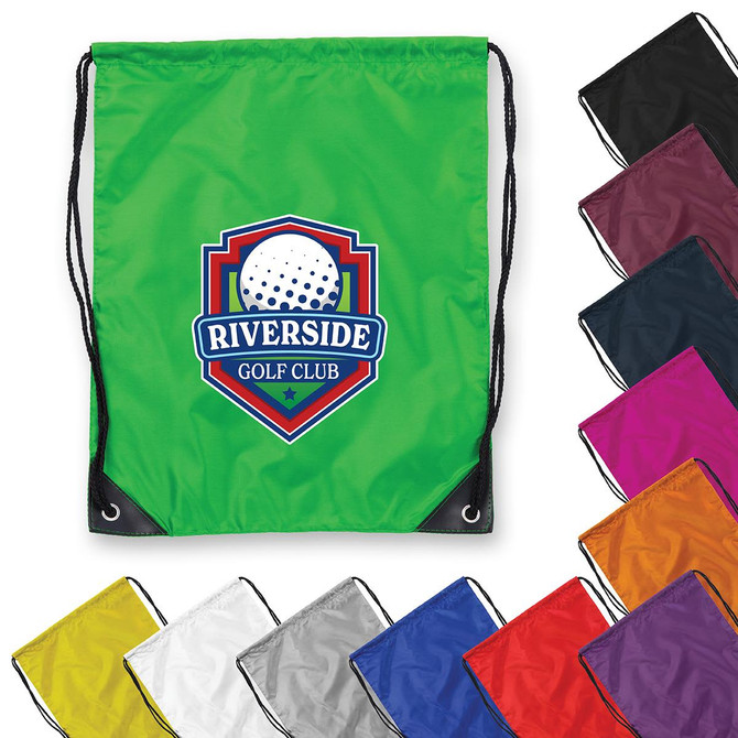 A green drawstring bag with a logo, surrounded by various coloured bags including black, pink, and yellow.