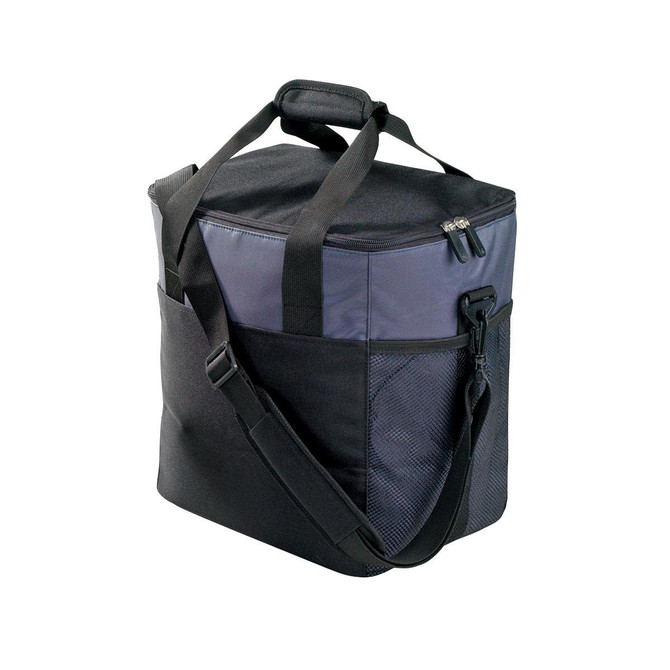 A large cooler bag in black and navy, featuring shoulder straps and zippered compartments. It has a logo on the front.