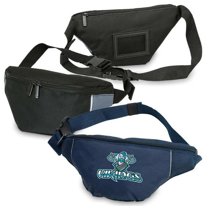 A collection of three waist bags in black and navy, featuring varying designs and a logo on one bag.