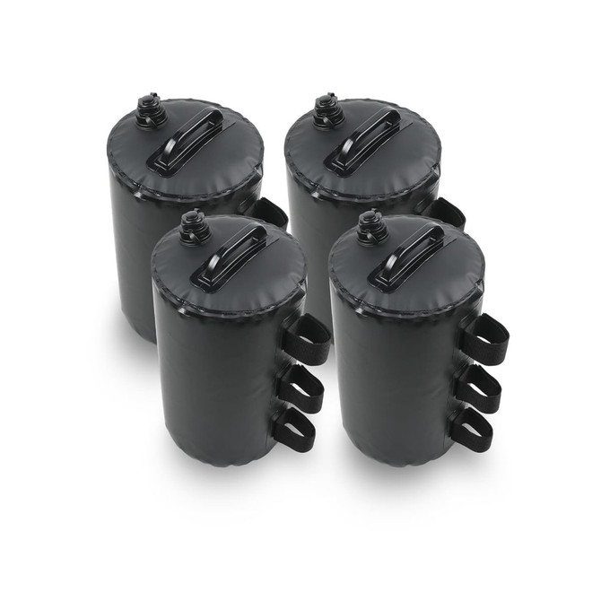 Four black sandbags with handles and screw-top lids designed for securing items or tents.
