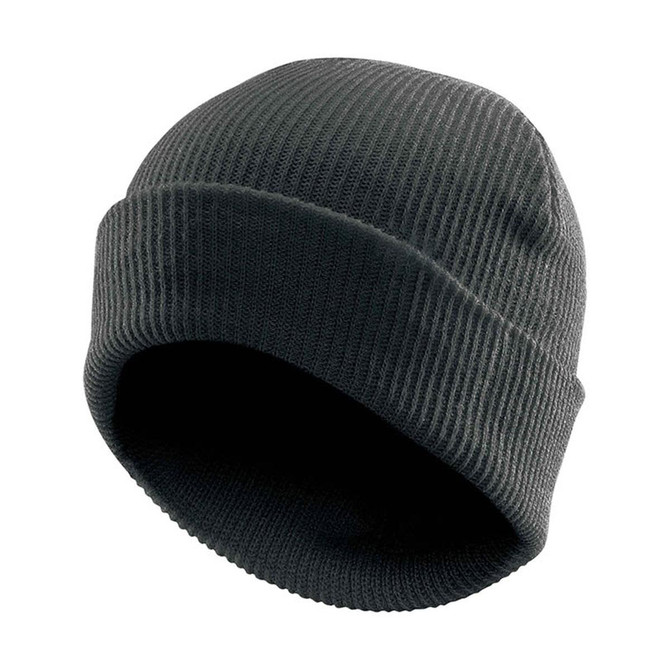 A vintage knit beanie in dark grey featuring a ribbed texture and a snug fit. It has a branding logo.