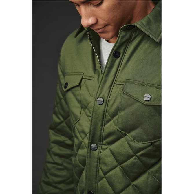 A green quilted jacket featuring a button-up front, two chest pockets, and a logo detail.